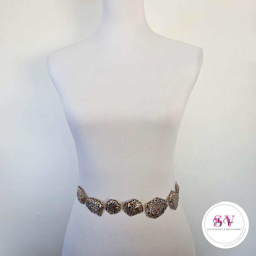 Colorful Leopard print chain belt on gold tone